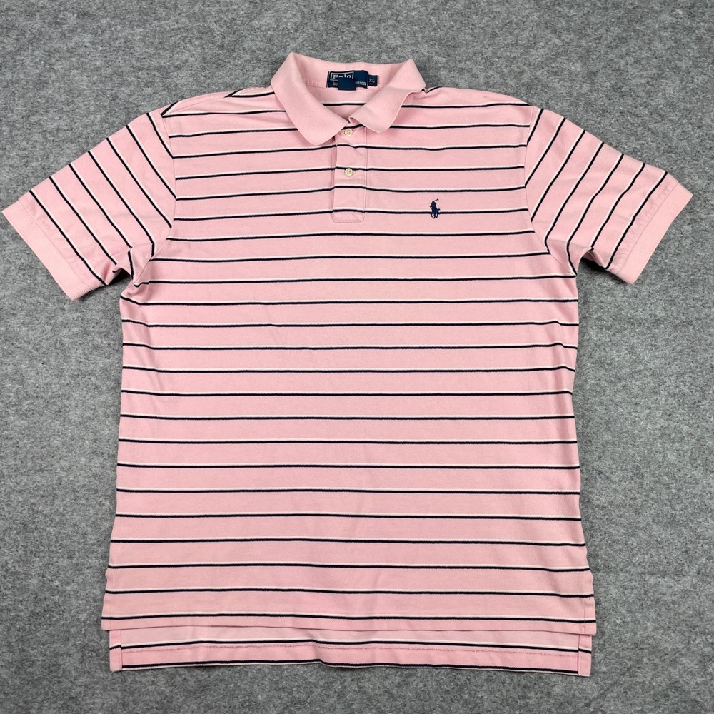Vintage Polo Ralph Lauren Polo Shirt Mens XL Pink Navy Striped Pony Pique 90s